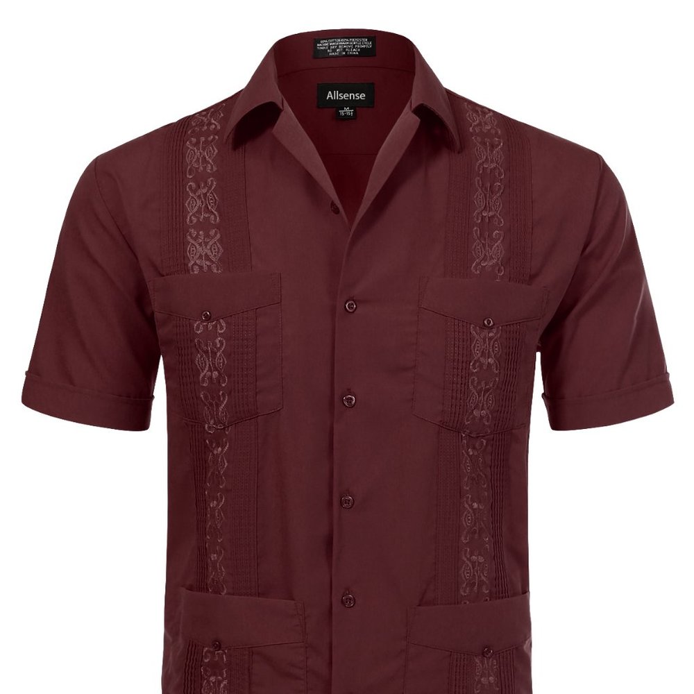 Men's Short Sleeve Cuban Guayabera Shirt Burgundy